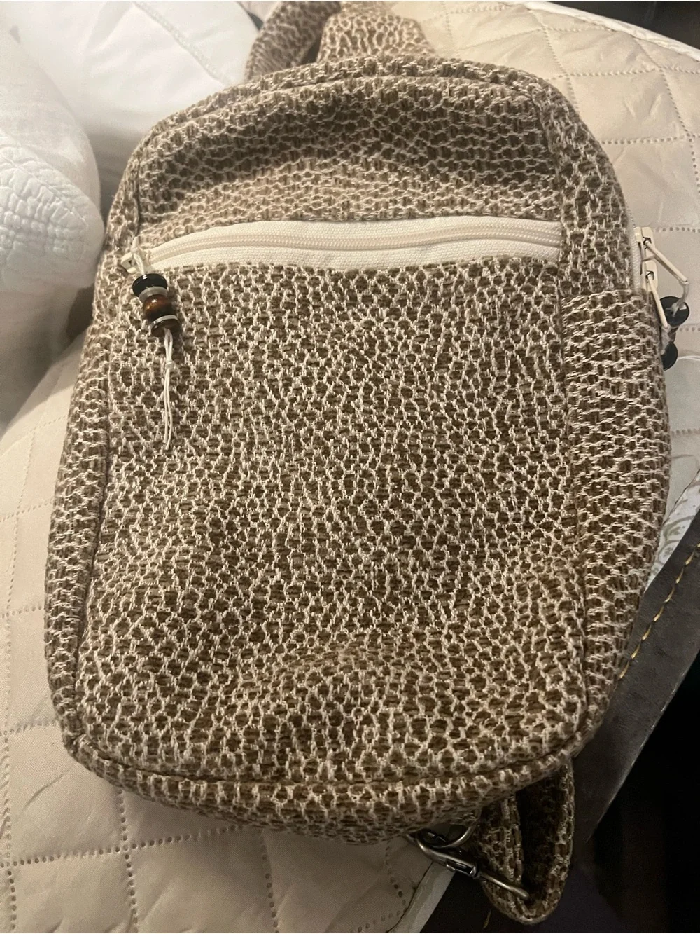 Neutral Woven Crossbody Bag - Taupe/Cream